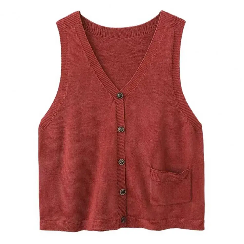 Simple Women Vest Cozy V-neck Knitting Vest for Women Warm Waistcoat with Pockets Solid Color Loose Fit Tank Top Knitting Vest