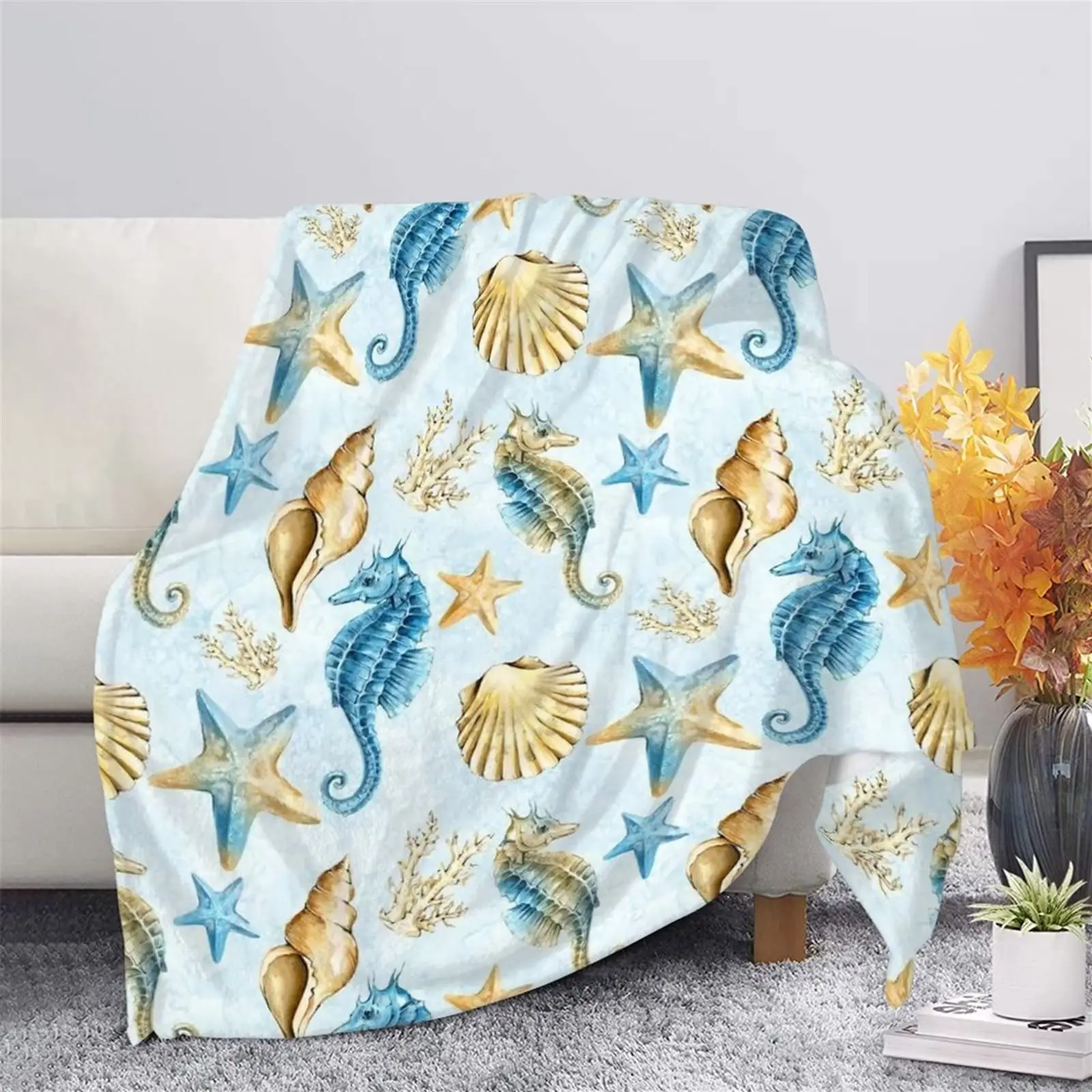 Sea Horse Throw Blanket Ocean Animal Theme Flannel Blankets for Couch Bed Sofa Travelling Camping Soft Cozy Lightweight Blanket