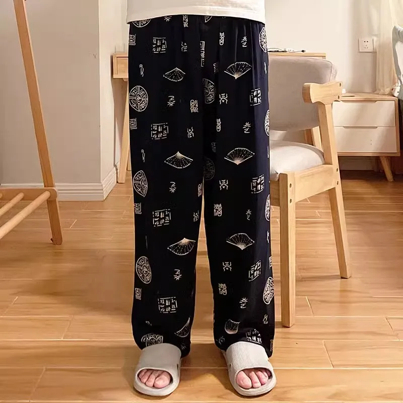 Pijamas de seda de algodón para hombre, ropa de dormir Sexy para el hogar, pantalones largos para dormir, de mediana edad