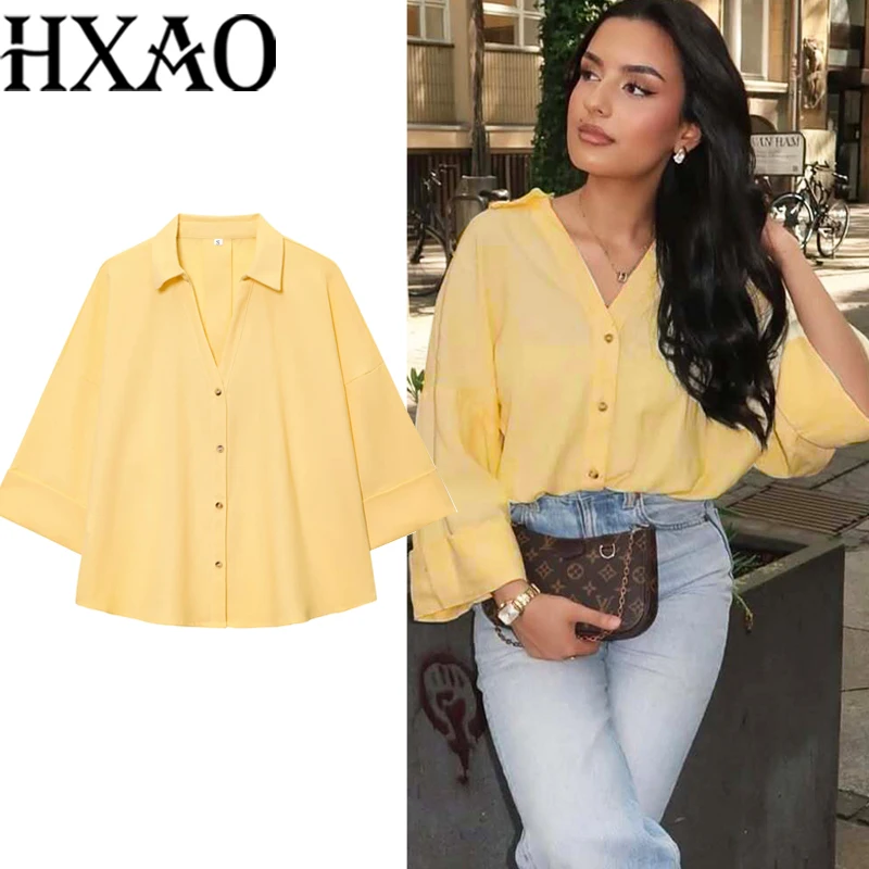 

HXAO Woman Shirts & Blouses Summer Yellow Linen Shirt Woman Wide Sleeve Oversized White Shirt Casual Striped Button Up Shirts