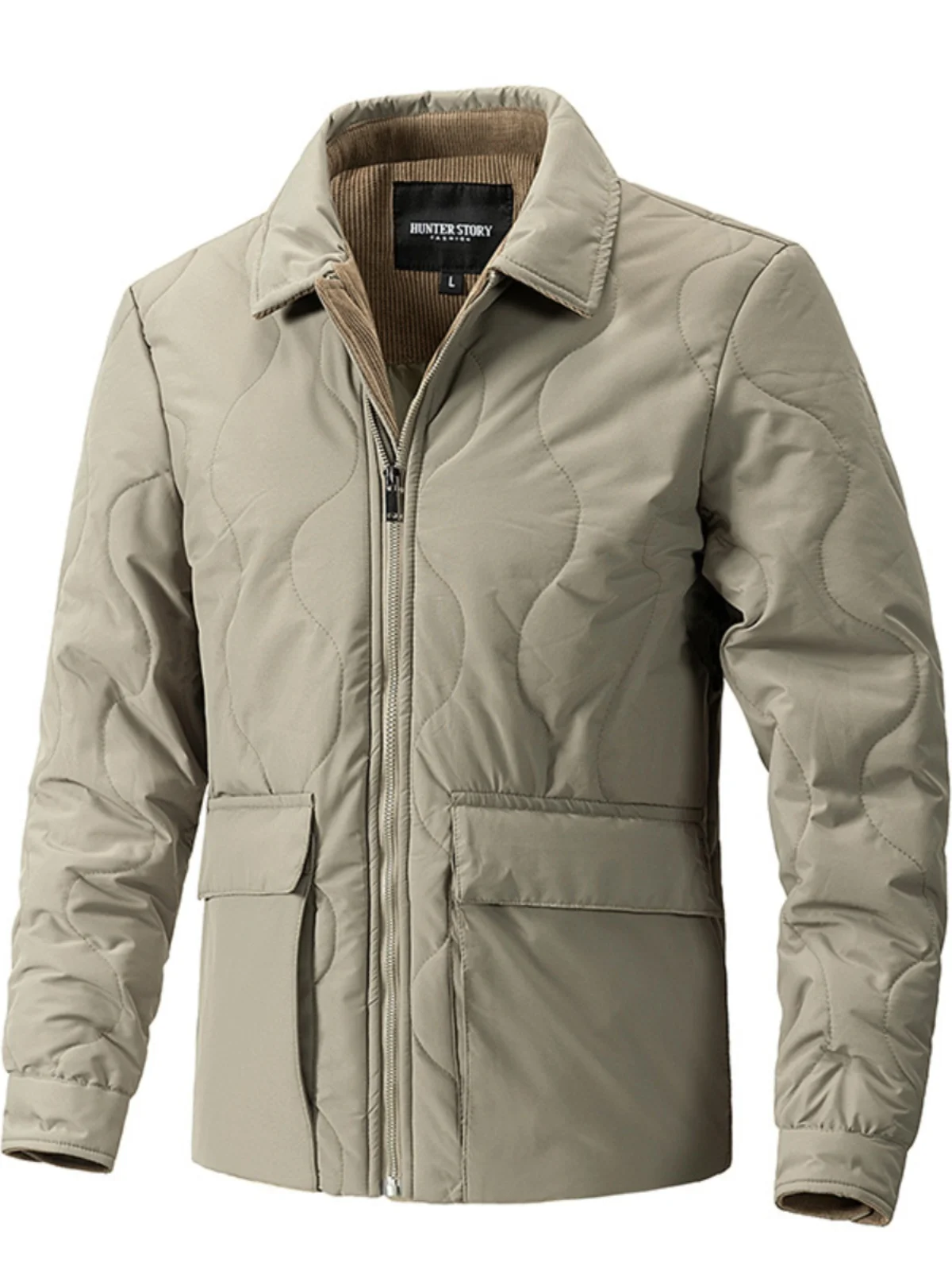 

Busin Corduroy Cotton Jaet Loose Fit Stand Collar Warm Faion Urban Sle Thiened Zipper Closure Single Color Coat