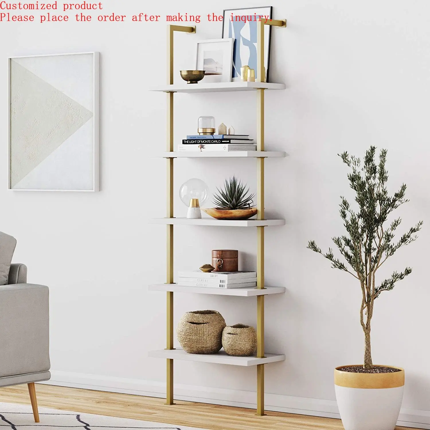 

Multifunctional Wall Mount 5 Layers Gold Color Ladder Bookshelf with Industrial Metal Frame for Clothes Store/Home