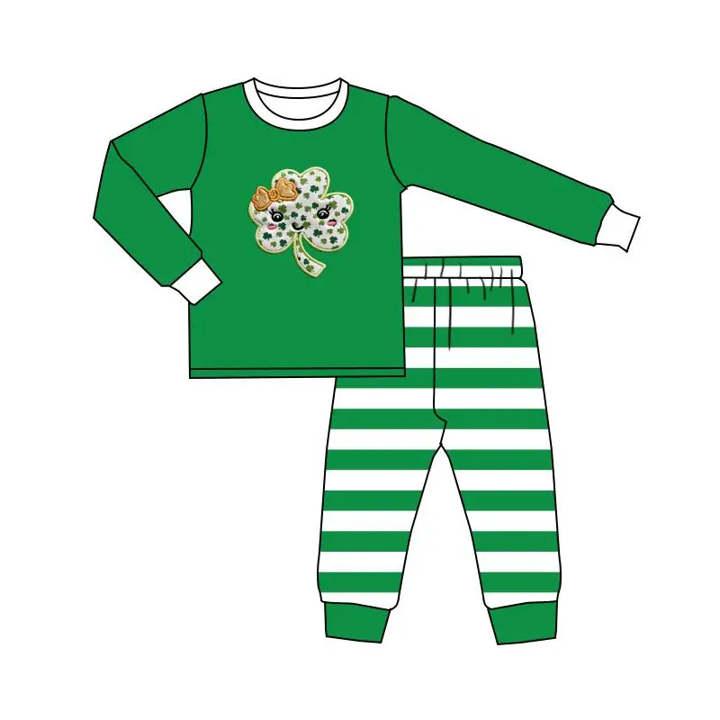 

New boutique girls pajamas suit fashionable green lucky baby set girls outfit sets kids winter clothes boy pjs