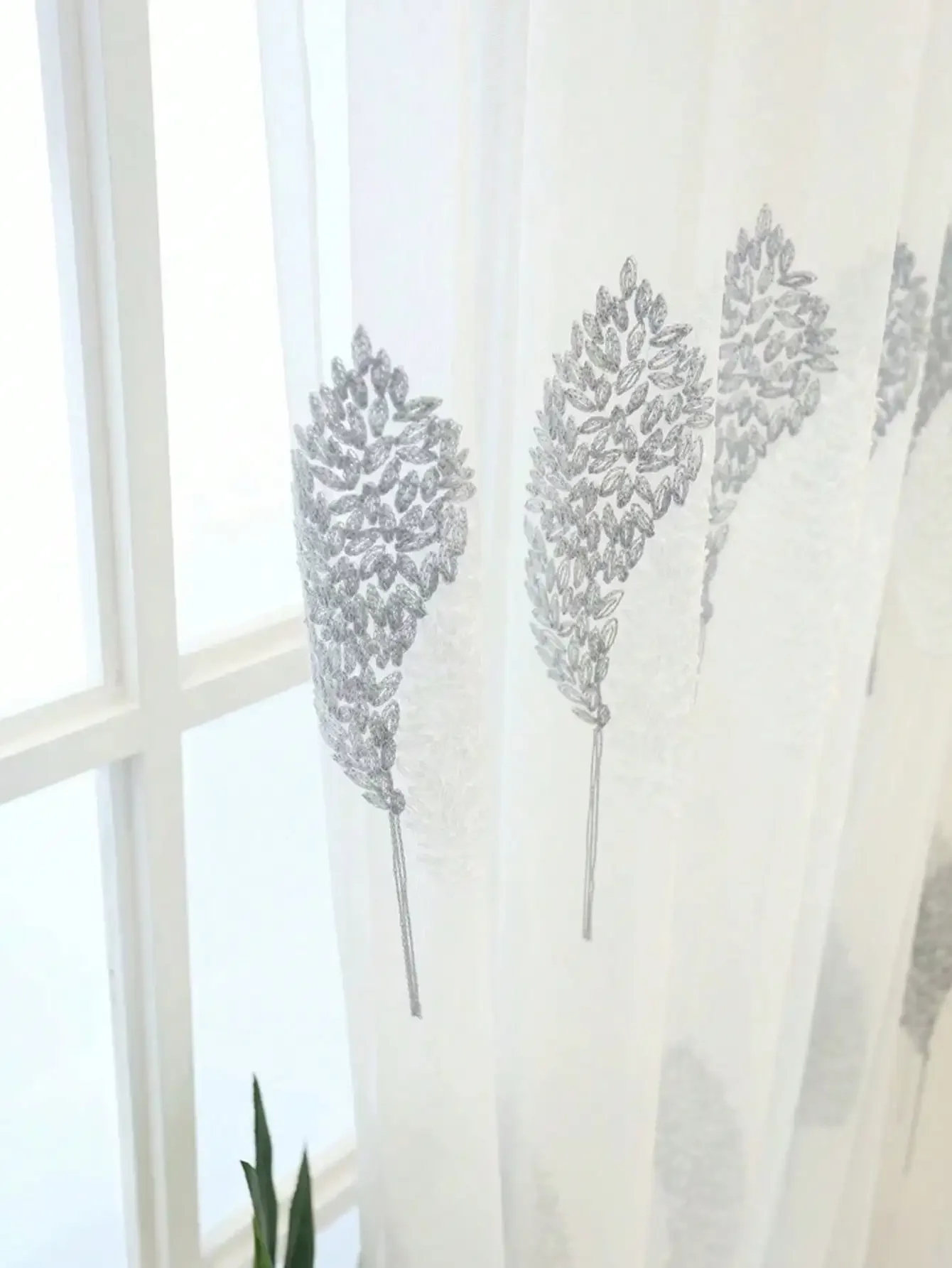 1PC Nordic Style Simple Modern Small Tree Embroidery Small Fresh Embroidery Floor-to-ceiling Window Screen Curtain