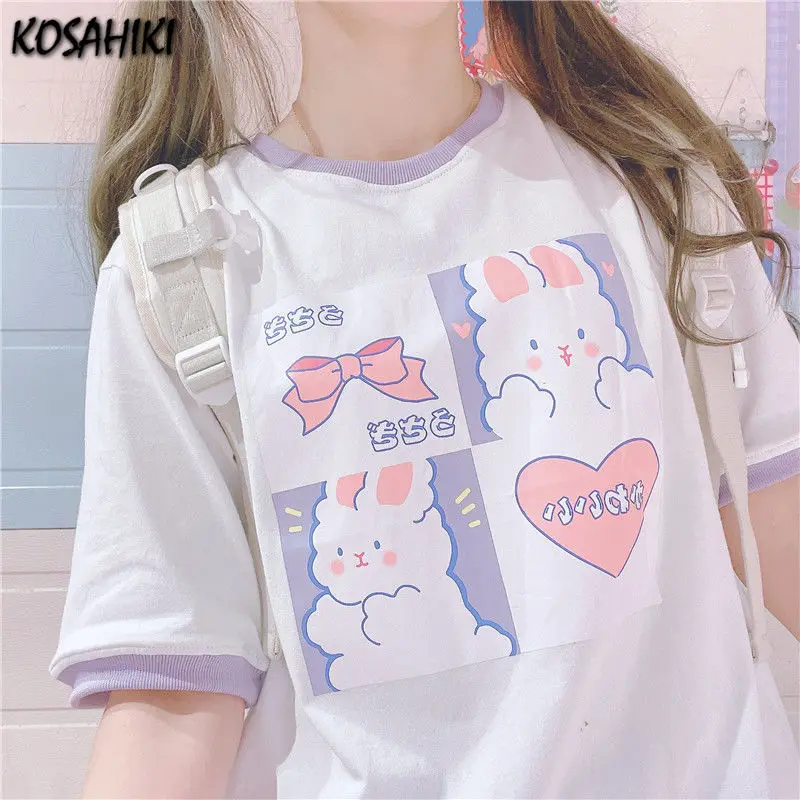 KOSAHIKI Kawaii Tshirt Women Fashion 2024 Cute Cartoon Print ops  Loose  Shirt Casual All Match Summer Graphic  Shirts