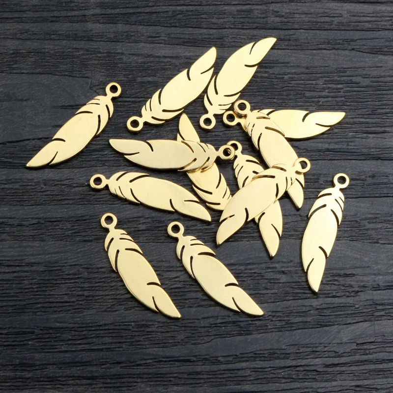 10pcs 25x6mm 316 Stainless Steel Gold Plated Feather Charms Pendant For Necklace DIY Jewelry Making Findings Craft Accessories