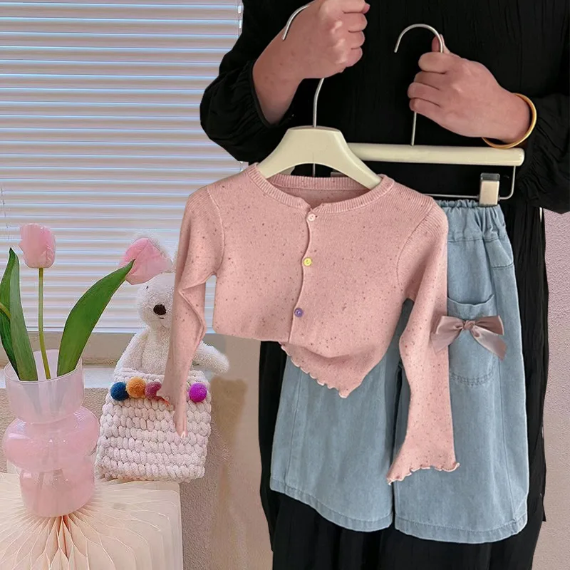 

Baby Girl Clothes Suit Children Knitted Cardigan Spring 2024 New Girl Sweater Little Girl Korean Fashion Infrared 2-piece Set