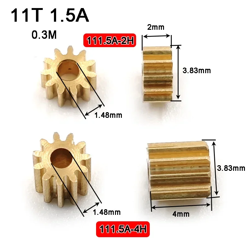 

111.5A 0.3M 3.9mm Diameter Copper Gear Small Module 11 Teeth 1.5mm Hole 2mm/4mm Height Toy Pinion Parts 11T 1.5A