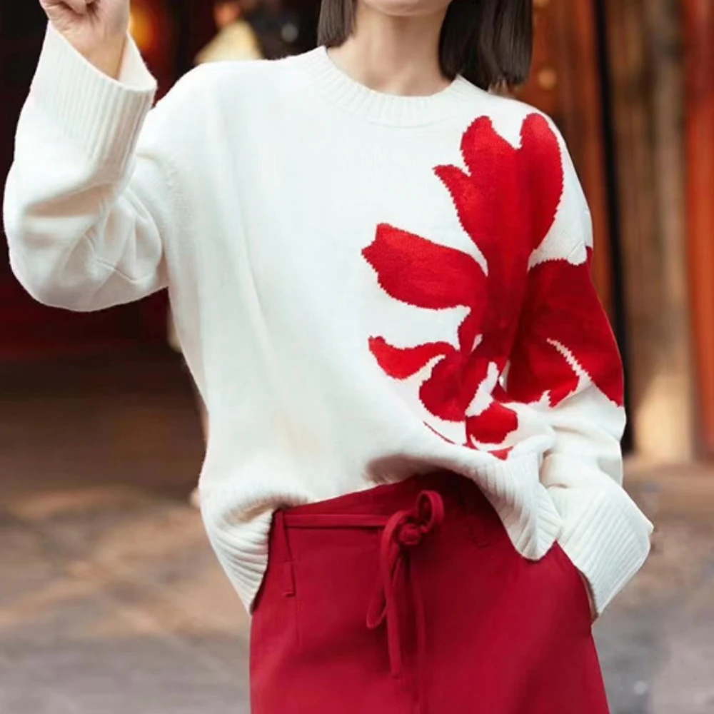 2024 Autumn and Winter Explosive Spring Flower Series Round Neck Jumper Women's Casual Loose Version of Knitted Top