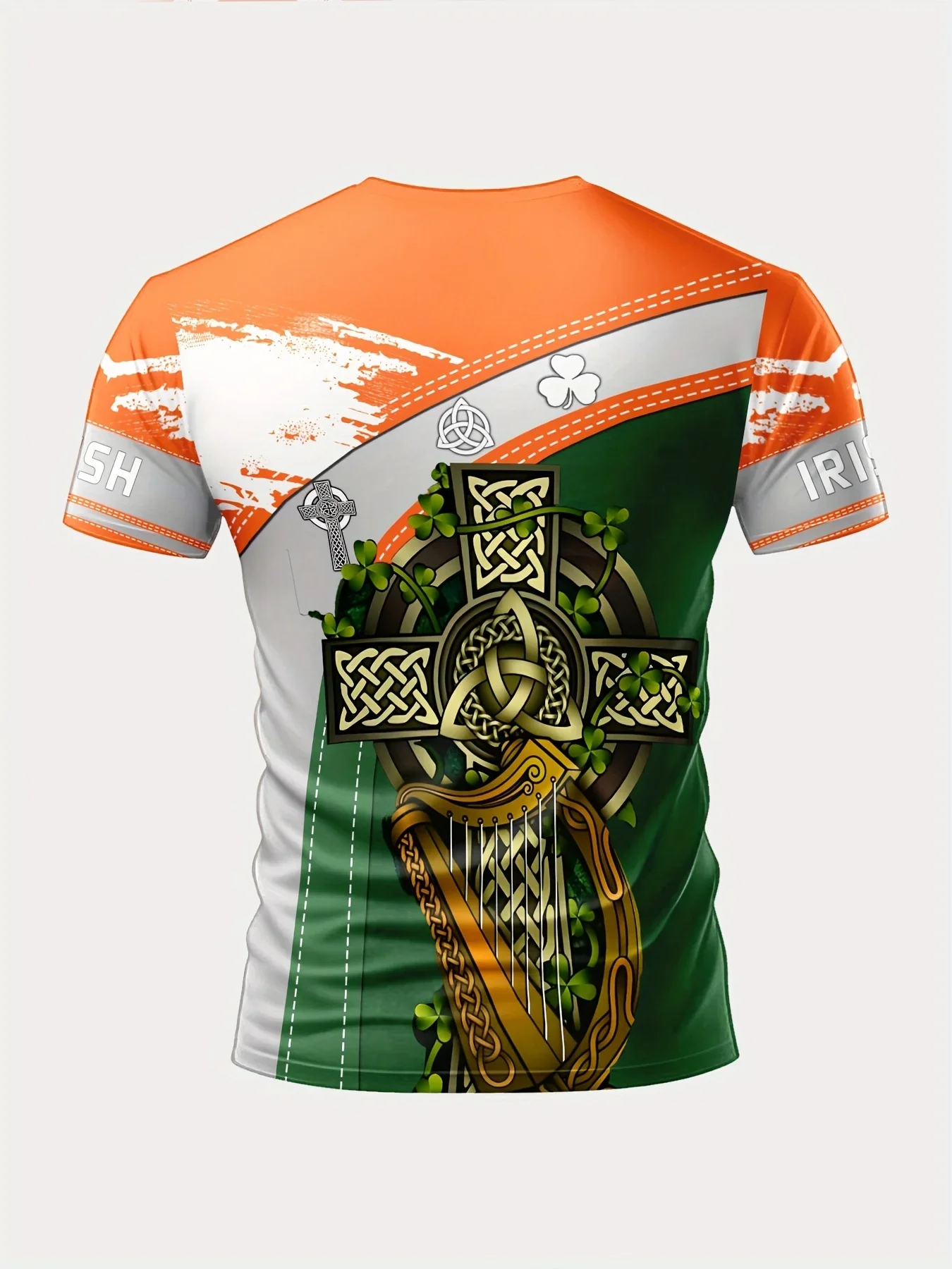 تي شيرت رجالي مبتكر بتصميم قيثارة أيرلندية وصليب سلتيك - أكمام قصيرة من البوليستر بتصميم عتيق قابل للغسل في الغسالة