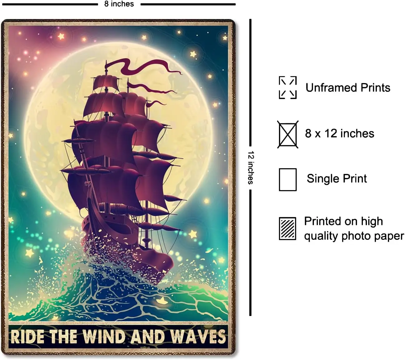 Ride The Wind And Waves Sign Metal Tin Signs Wall Decor, Vintage Boats Riding Wind And Waves Under Moon