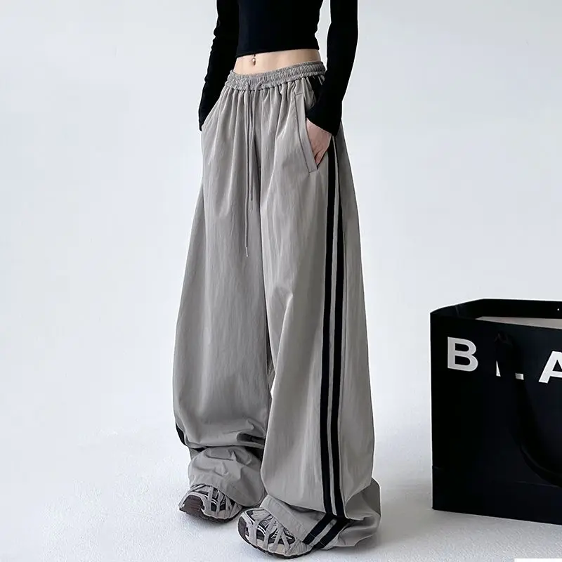 QWEEK Baggy Striped Cargo Pants Women Sports Casual America Style Patchwork Wide Leg Trousers Korean Joggers Street Pantalones