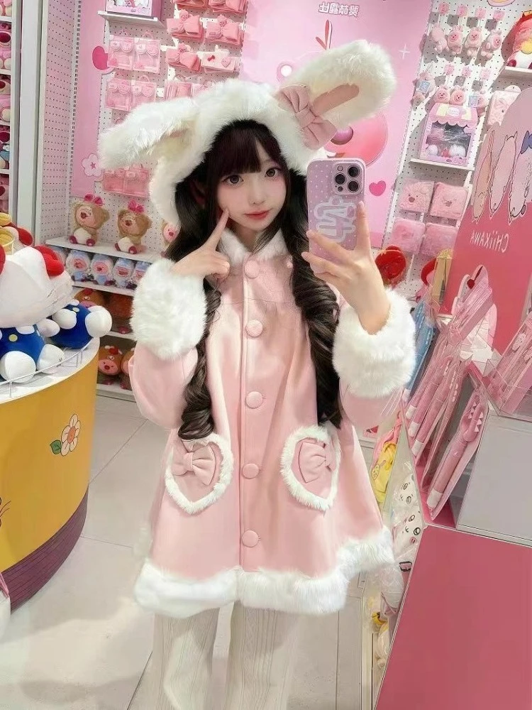 Winter Japanse Lolita losse roze wollen stoffen jas elegante zoete nieuwe lieve boog warme overjas mode kawaii bontkraag jas