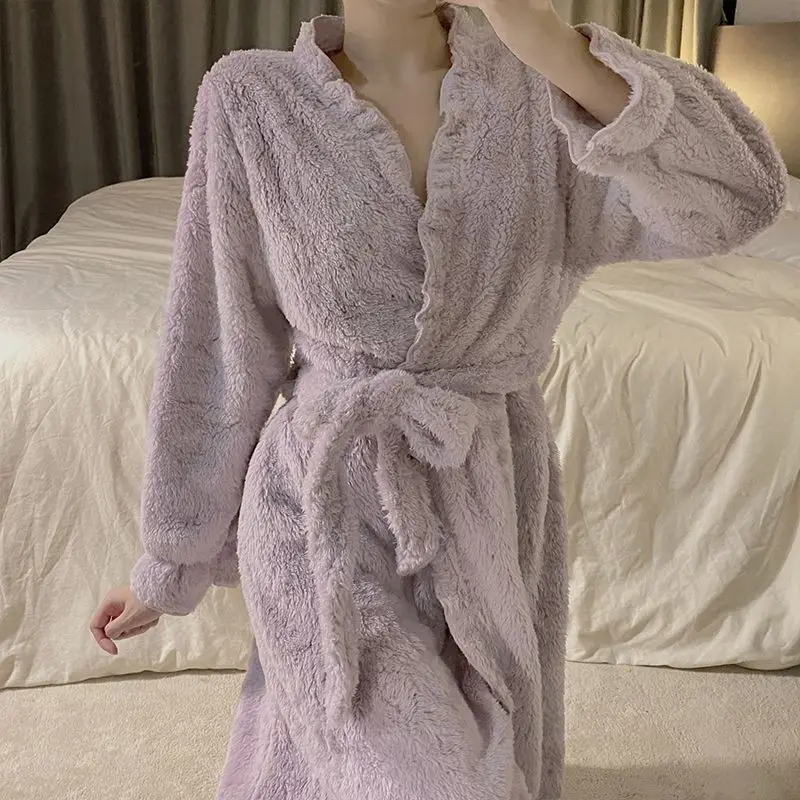 Sashes Robe for Women Sleepwear Nightdress Winter Night Wears Warm Fleece Pajama One Piece Nightgown Ruffle Long Sleeve Homewear