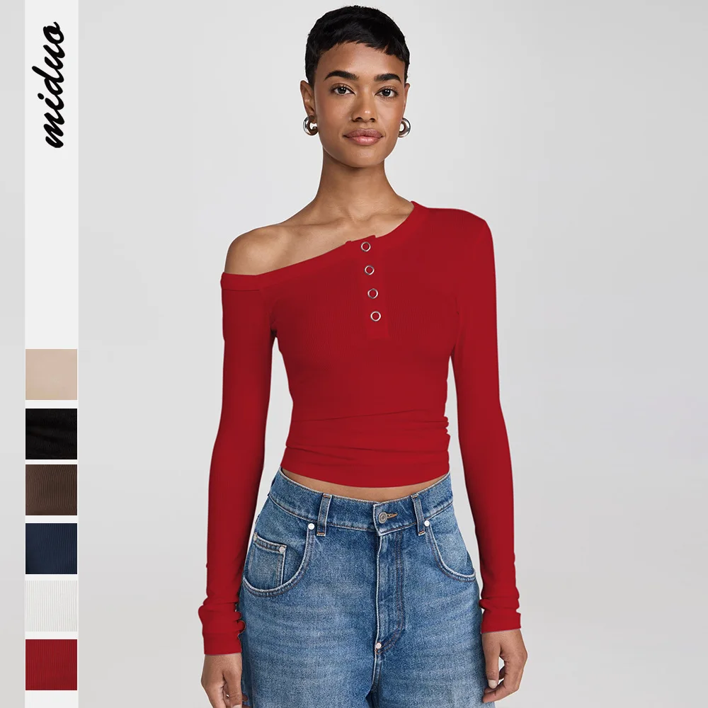 

Trendy New Women's Thin T-shirt Short Slant Collar Button Slimming Fashion Pullover Top Hot Girl Basic Tees