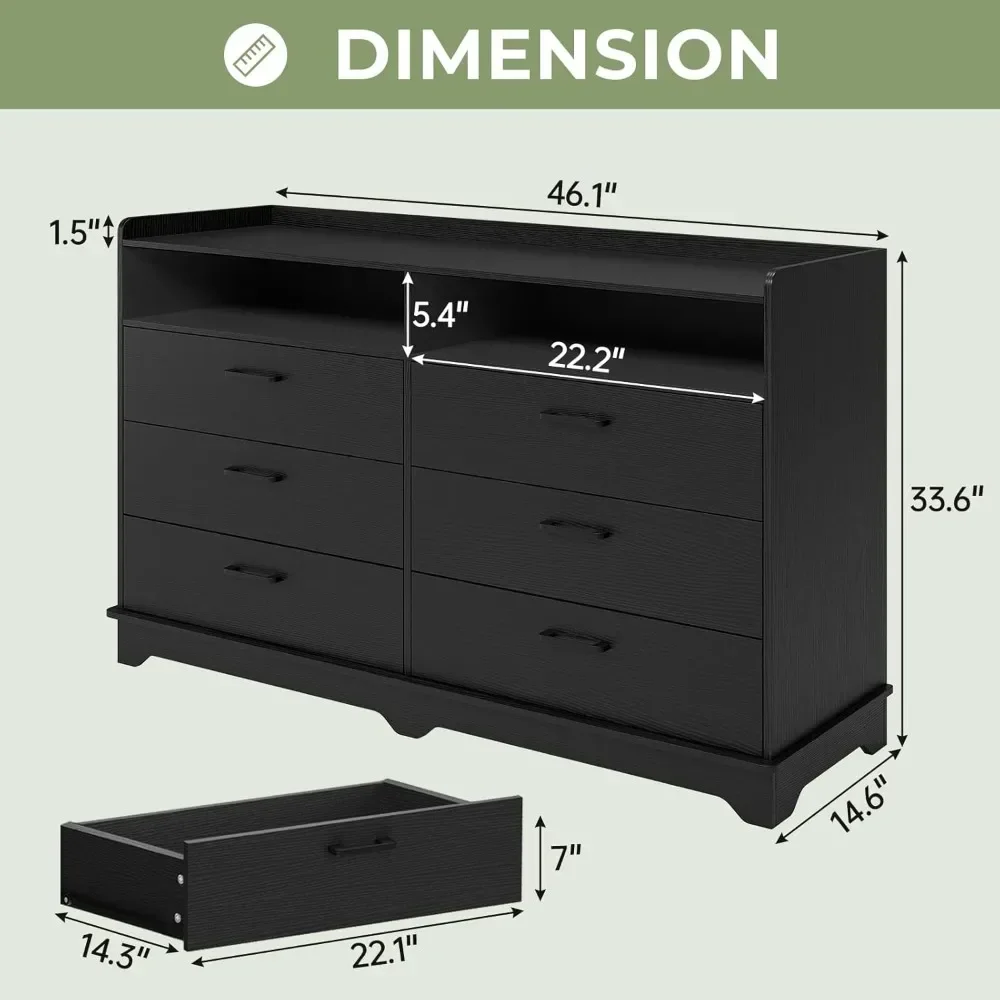 Bedroom Dresser with 6 Drawers and 2 Cubbies, Black Modern Chests of Drawers with Sturdy Pedestal