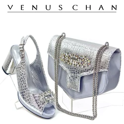 Venus Chan Italian Shoes and Bags Matching Set 2024 Women Heel Party for Silver Colour Italian Design Wedding Bigger Size Shoes