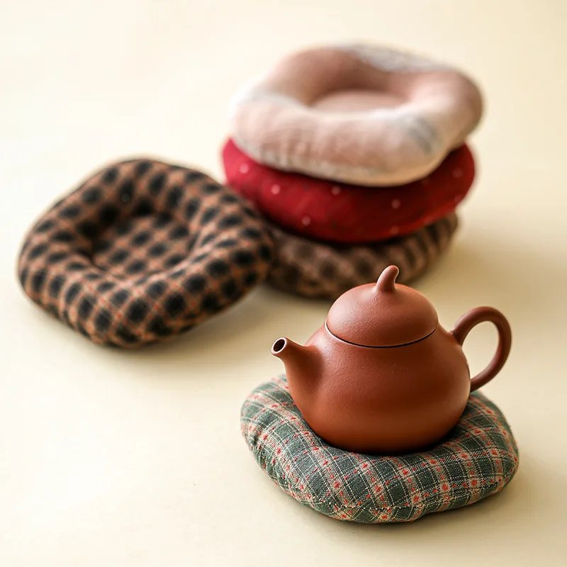 Chinese Fabric Coaster Cotton Padded Checkered for Tea Props Table Decor Use Home Kitchen Tea Room Photo Prop Mat Pad Cloth