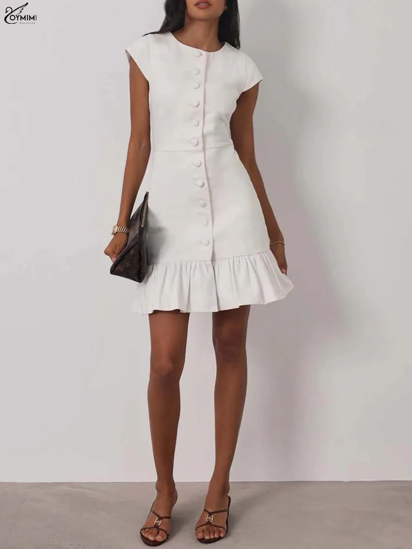 Oymimi Fashion White O-Neck Womens Dresses Elegant Sleeveless Single Breasted Dresses Autumn New High Waist Pleated Mini Dress