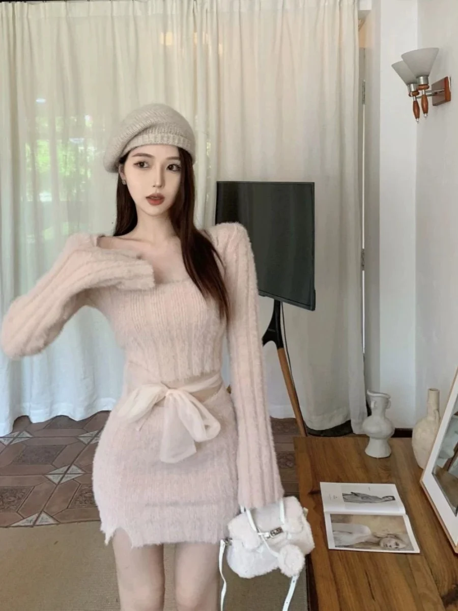 

Осень-зима, мягкий вязаный свитер с имитацией норки, топ Pure Desire, юбка с запахом, длинный хлопковый комплект из двух предметов свека