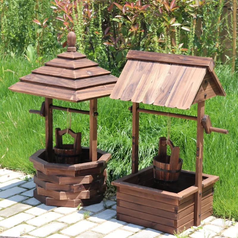 Carbonized preservative wood flower pot, wishing well creative well flower box, villa garden courtyard outdoor decoration flower