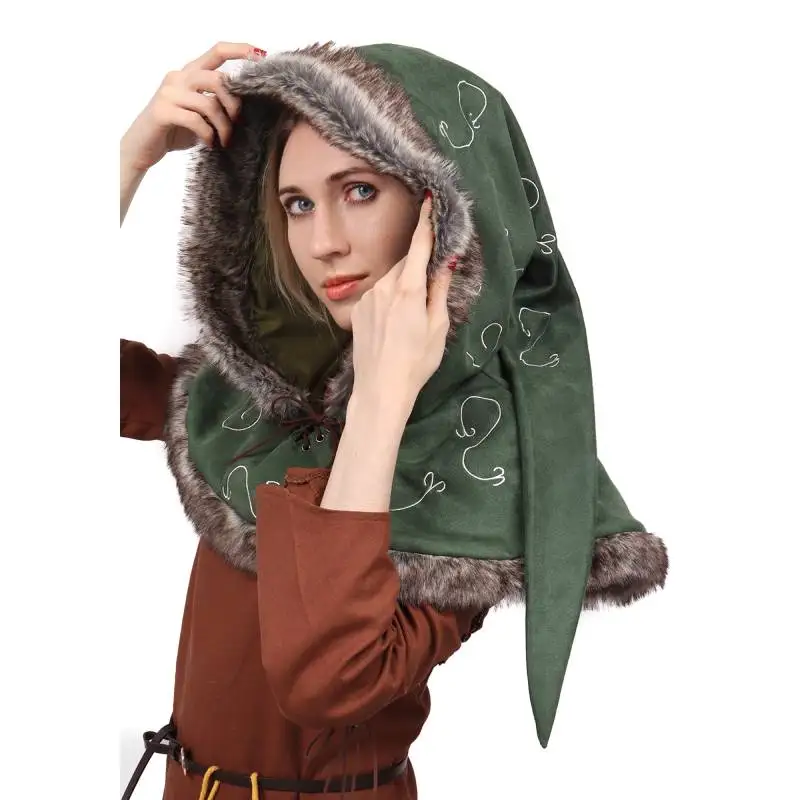 

DAZCOS Winter Warm Cowl Hood Medieval Suede Viking Embroidered Hood with Faux Fur Trim for Women Vintage Long Tail Cape