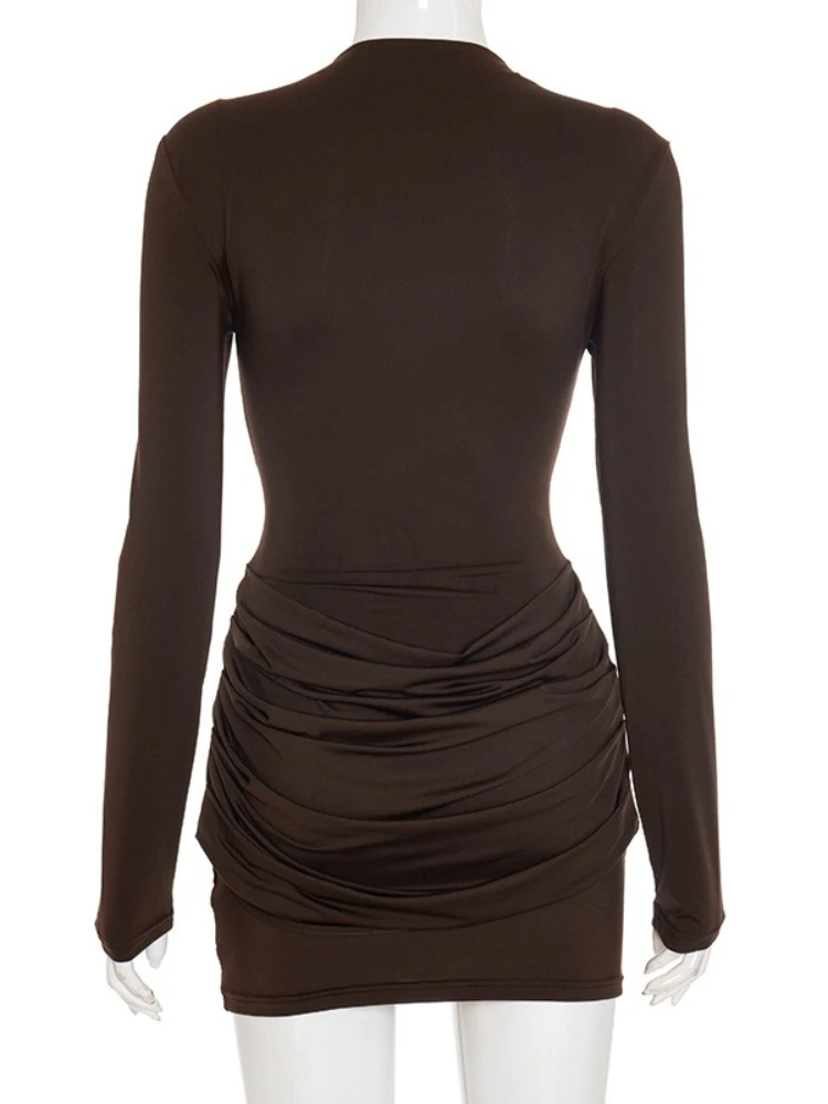 Mode Sexy à manches longues froncé robe courte Streetwear 2025 automne femme vêtements moulante paquet hanche solide fête Club robes
