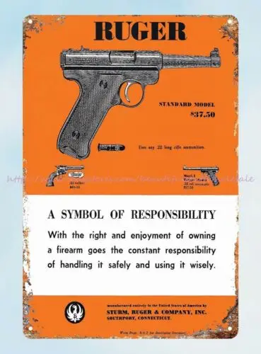 Ruger Firearms pistol symbol of responsibility metal tin sign vintage wall art