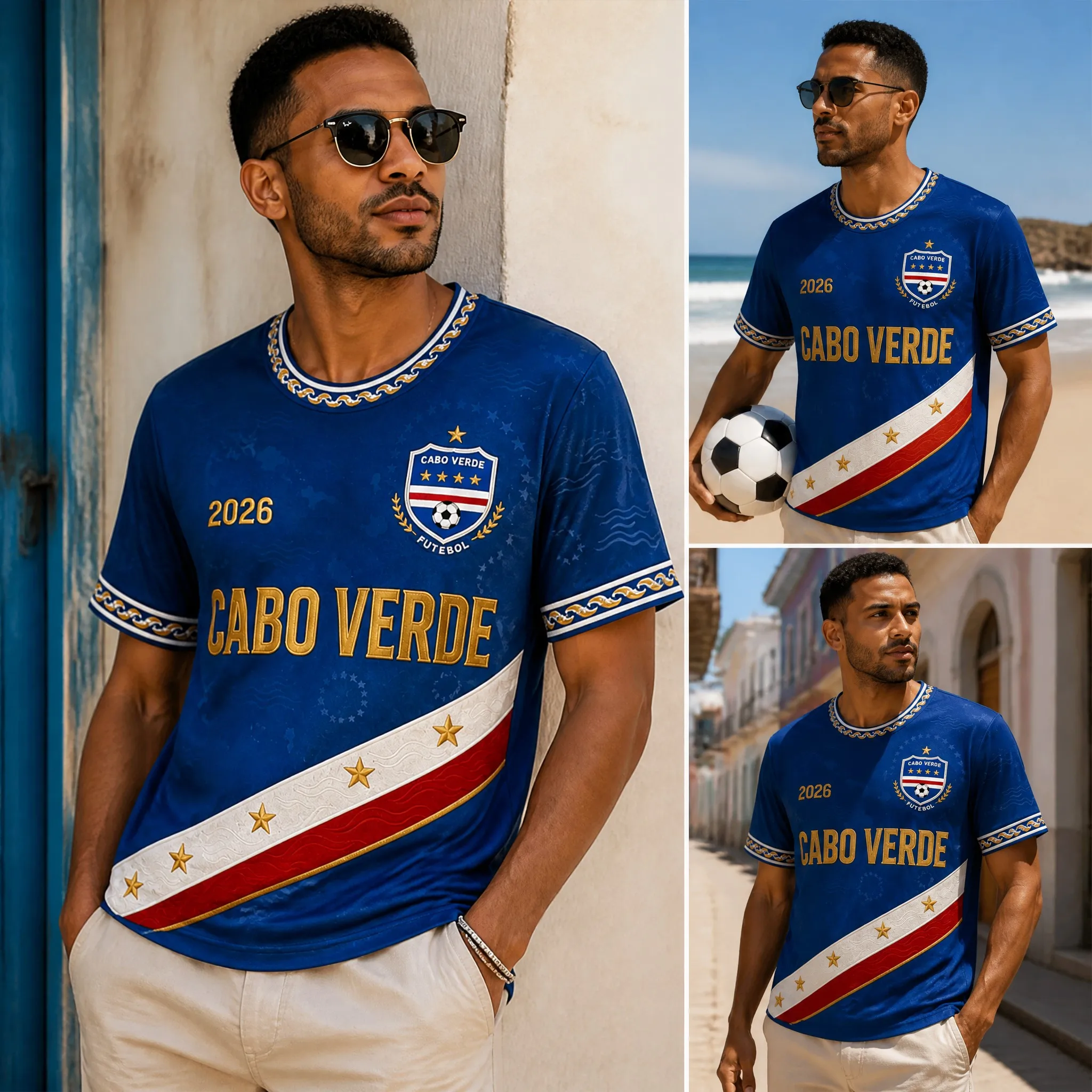 Mens Cabo Verde Crew Neck T Shirt Blue Gold Print Short Sleeve Casual Top Island Soccer Style Beach Holiday Graphic Tee New Look