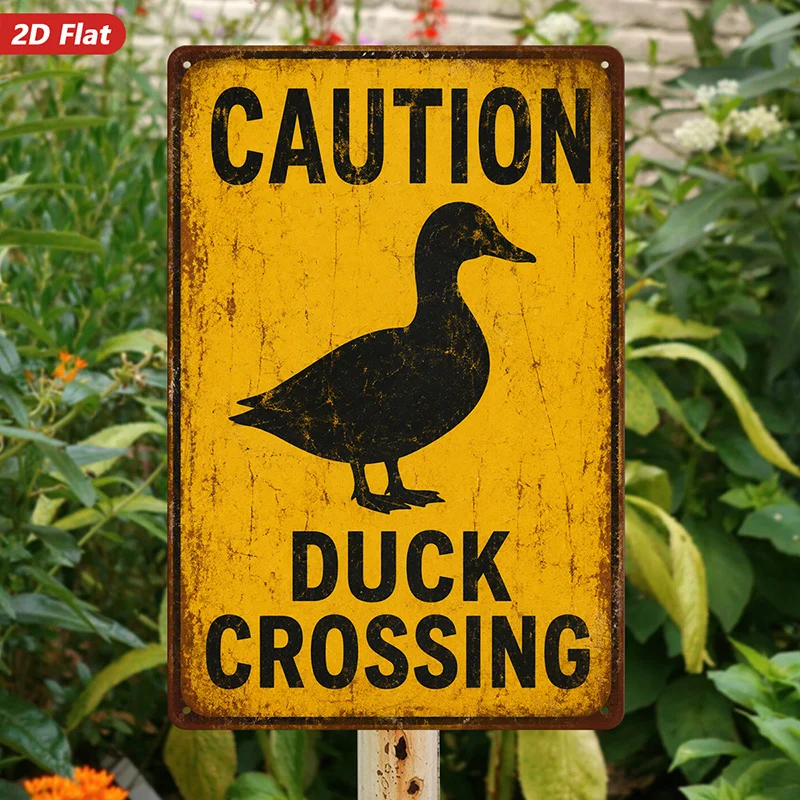2D Flat Duck Crossing/1pc Metal Sign Wall Art/Black Duck Silhouette/Distressed Yellow Background/Rustic Vintage Look/Home Decor