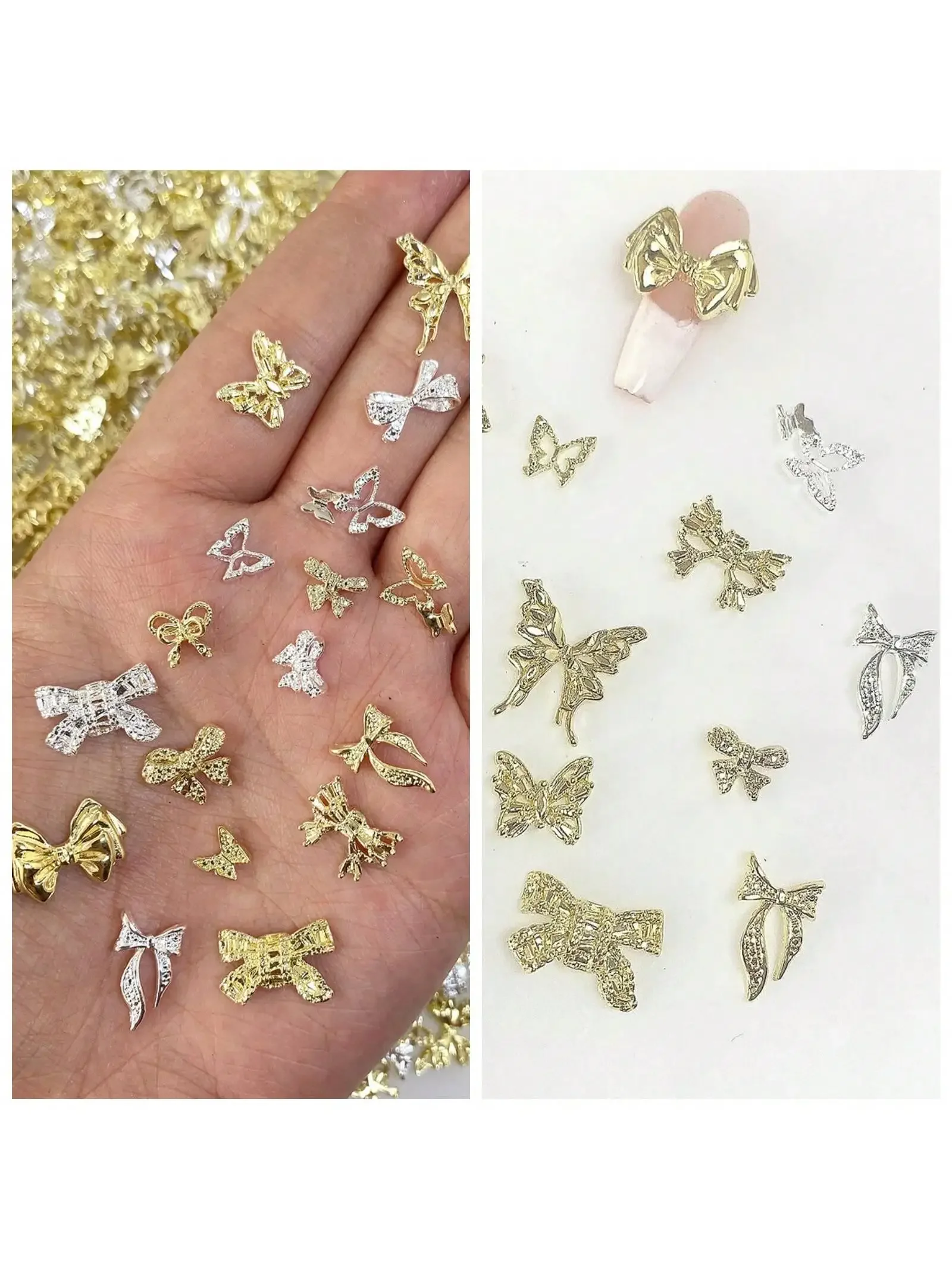 50pcs/bag Random Mixed Butterfly & Bowknot Shaped Alloy Nail Art Decorations Charm Silver Gold Jewelry Accessories Nail Supplies