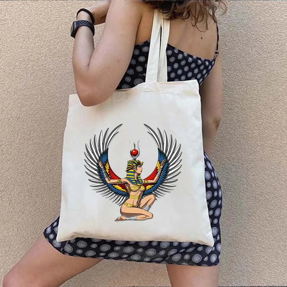 Ancient Egypt Landscape Totem Pharaoh Canvas Shopping Tote Bag Queen Atum Egyptian Pyramids Eye Of Horus Cotton Shopper Handbags