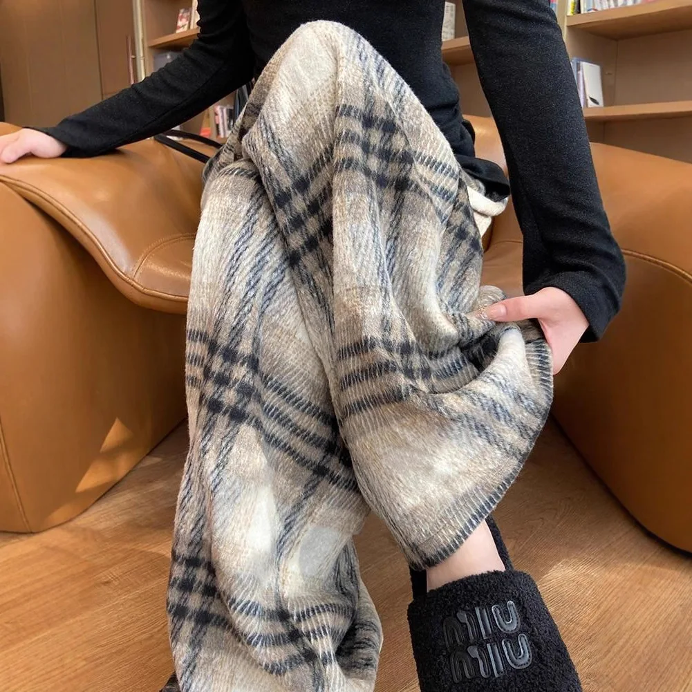 

Korean Style Woolen Plaid For Women, Autumn And Winter Thickened 2026 New Straight Casual High Waist Loose Lazy Floor-Length