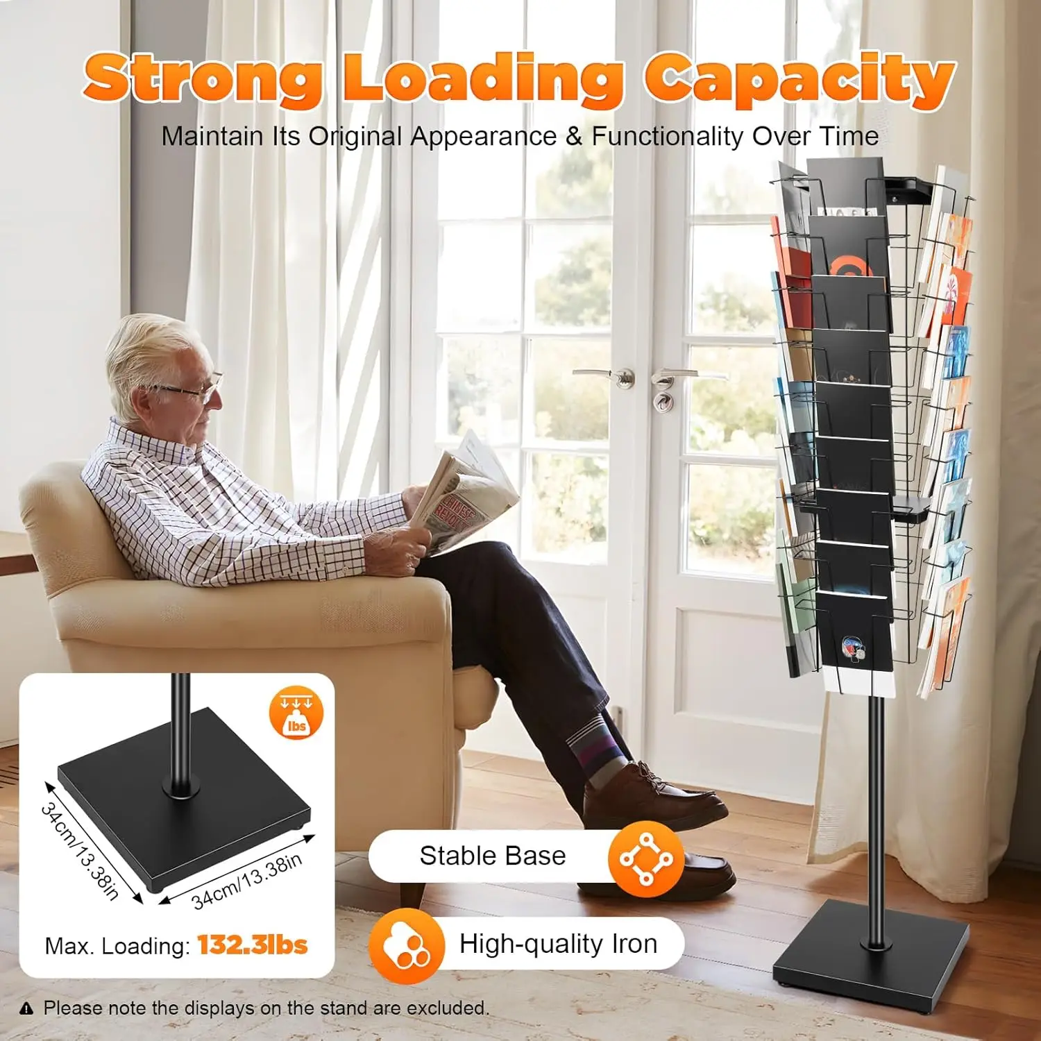 360 ° 회전식 잡지 랙 홀더 브로셔 디스플레이 스탠드, 132파운드 용량 바닥 설치형 잡지 랙, 분리형 만화책 선반