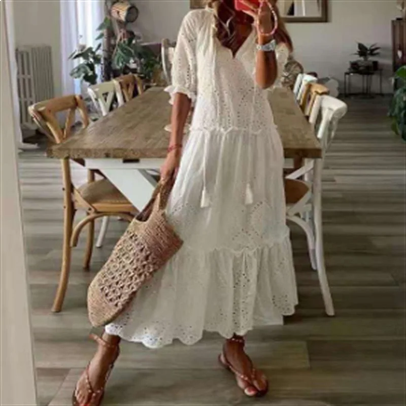 Women Sweet V Neck Embroidered Cotton Dress Long Spliced Lace Up Dresses