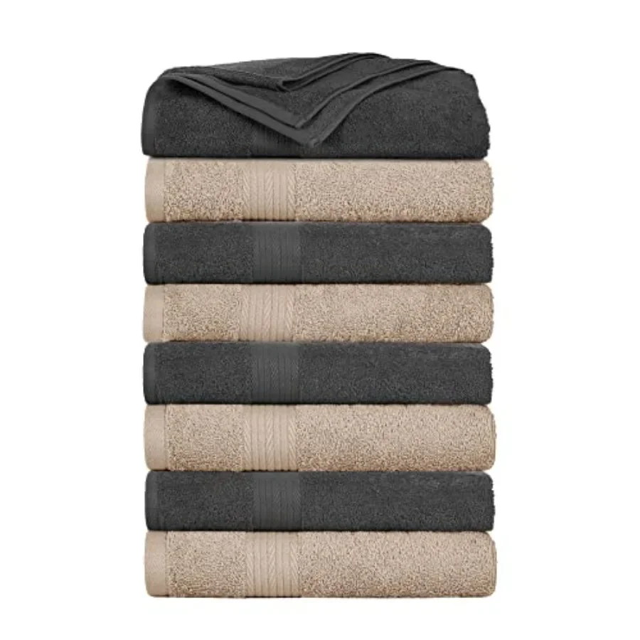 Bath Towels Set of 8 for Bathroom Hotel Spa Gym Kitchen 600 GSM 100 Cotton Beige Grey Absorbent Soft Premium Quality Machine Wa