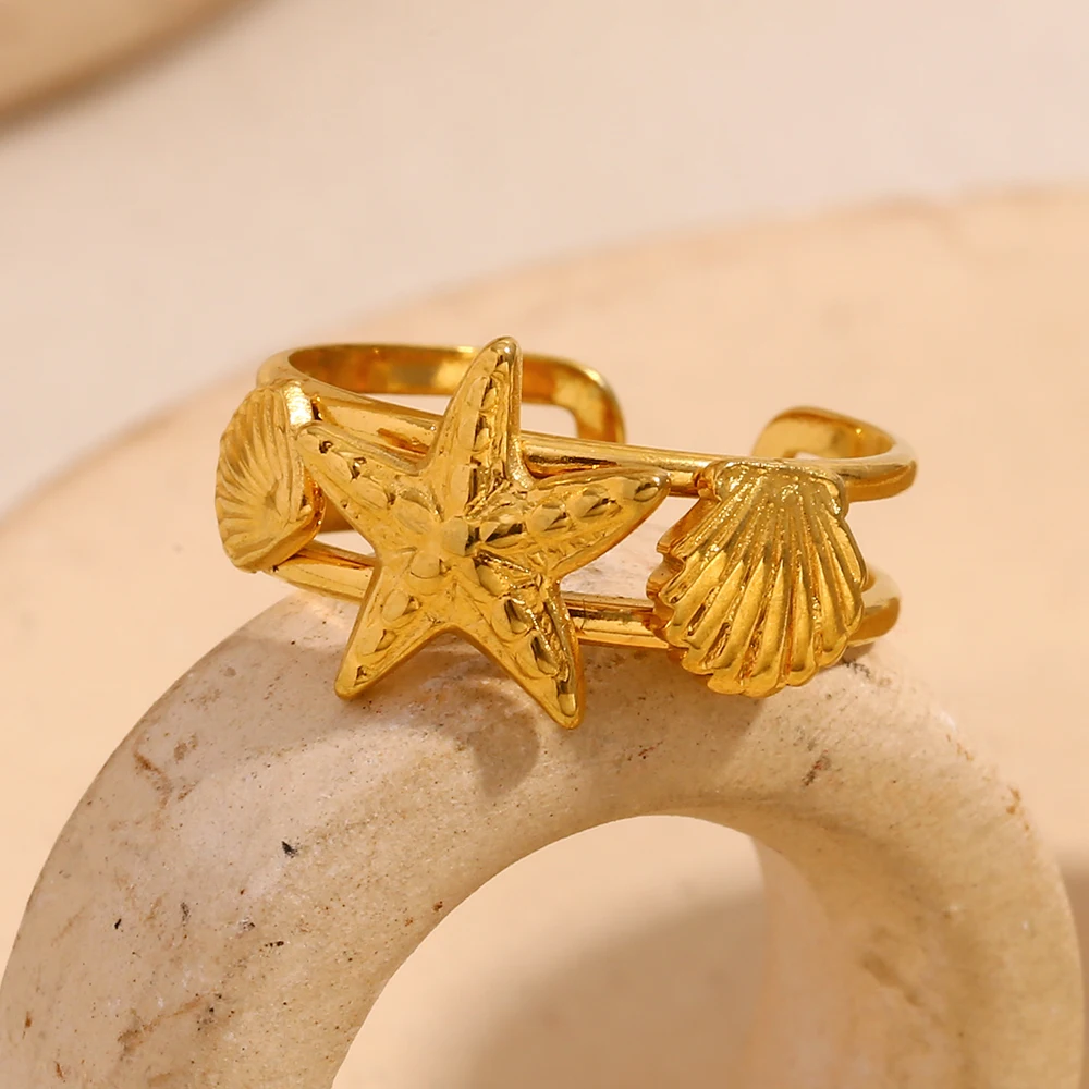 E.B.belle جديد الفولاذ المقاوم للصدأ نجم البحر القلب الأخضر اللون جولة الحجر الطبيعي الكفة الدائري PVD مطلي خمر نمط فنجر مجوهرات #6