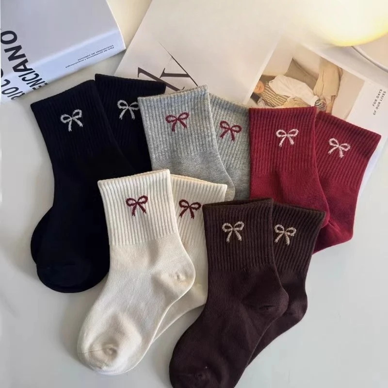 Autumn Winter Embroidered Bow Girls Socks Children Solid Color High Quality Pure Cotton Middle Tube Socks Fashion Versatile Sox