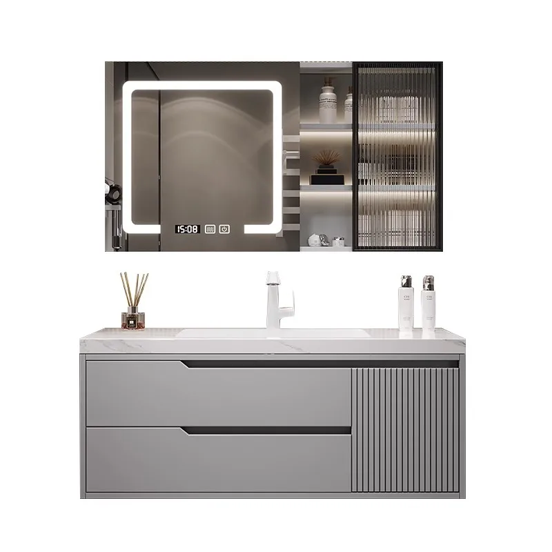 Marble-topped MDF bathroom vanity with luxurious wood planks with sink and mirror