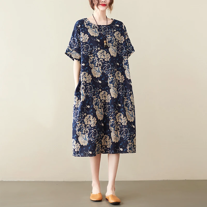 Lino di cotone sciolto Dr plus Size Dimagrante Midi ort Sve Meat Concealing Donna Faionable Artistico Retro Dr