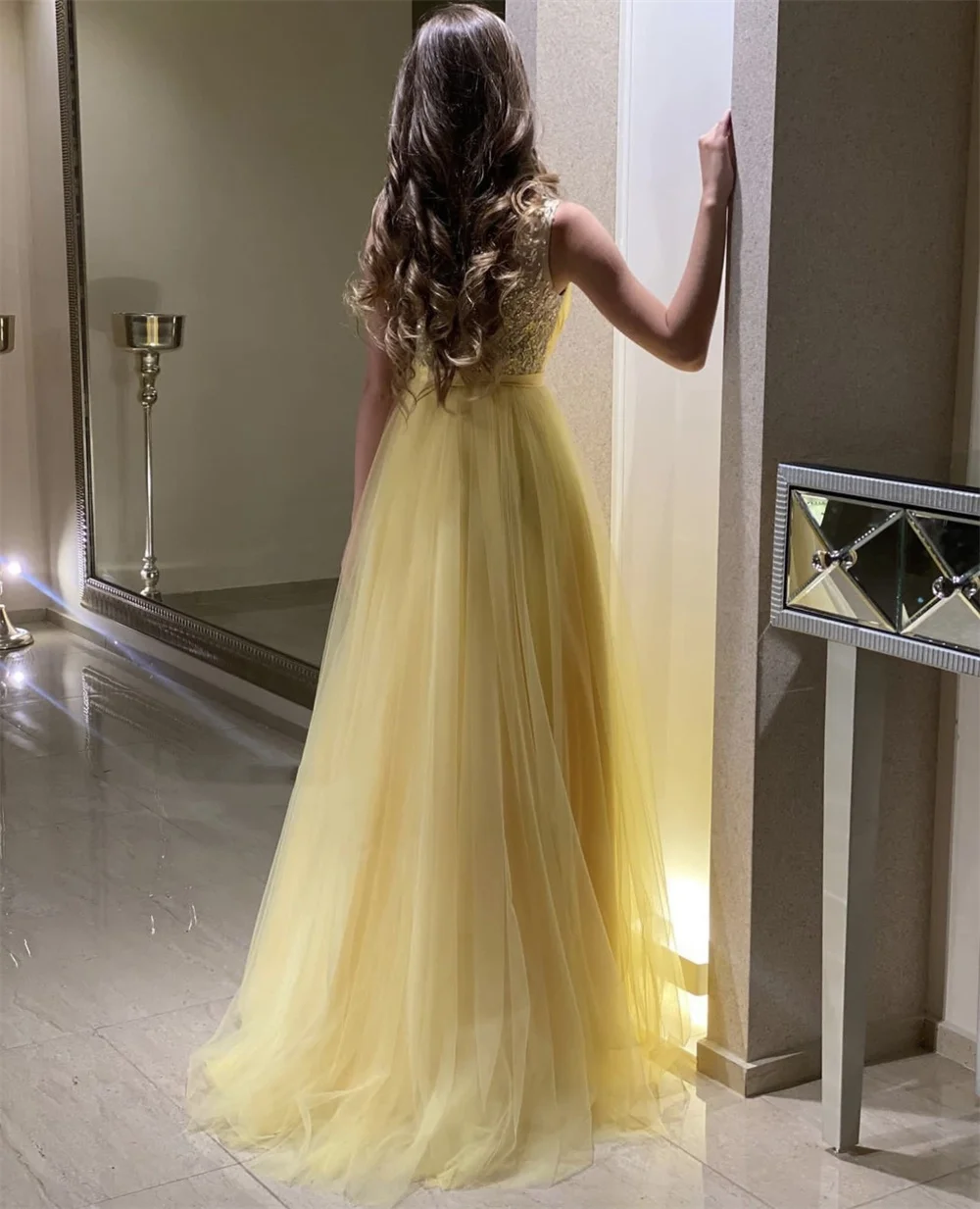 Jessica Yellow V-neck Prom Dress Tulle Sequins Evening Dresses Prom Dresses Elegant Lady Dinner Party Dresses 2024Wedding Dress