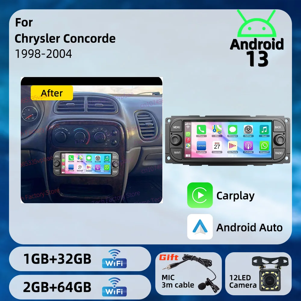 Radio Multimedia para Automóvil Android 13 de 6.86 Pulgadas para Chrysler Concorde 1998-2004, Reproductor Multimedia Inalámbrico para Automóvil, Autoradio 1 Din, Unidad Principal con GPS, Estéreo