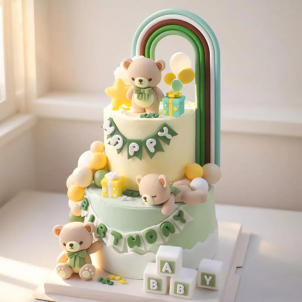 1 Set Grüne Bären-Kuchendekoration für Babyparty Gold Salbeigrüne Schaumstoffbälle Schleife Bären-Kuchenaufsatz für Mädchen Jungen Geburtstagsfeier Deko – Detail 11