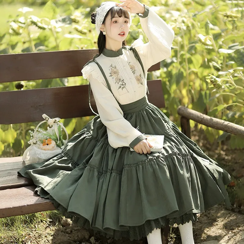 Chinese Lolita Dress Set Elegant Vintage Ruffle Lolita Skirt +white Blouse Autumn Winter Cute Retro Idyllic Dress Set