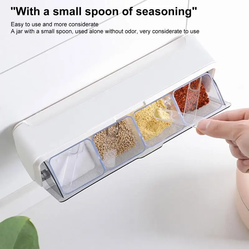 Wall Mount Seasoning Organizer Clear Kitchen Condiment Storage Box 4 Grids Spice Container Space Save Salt Sugar Jar With Spoons