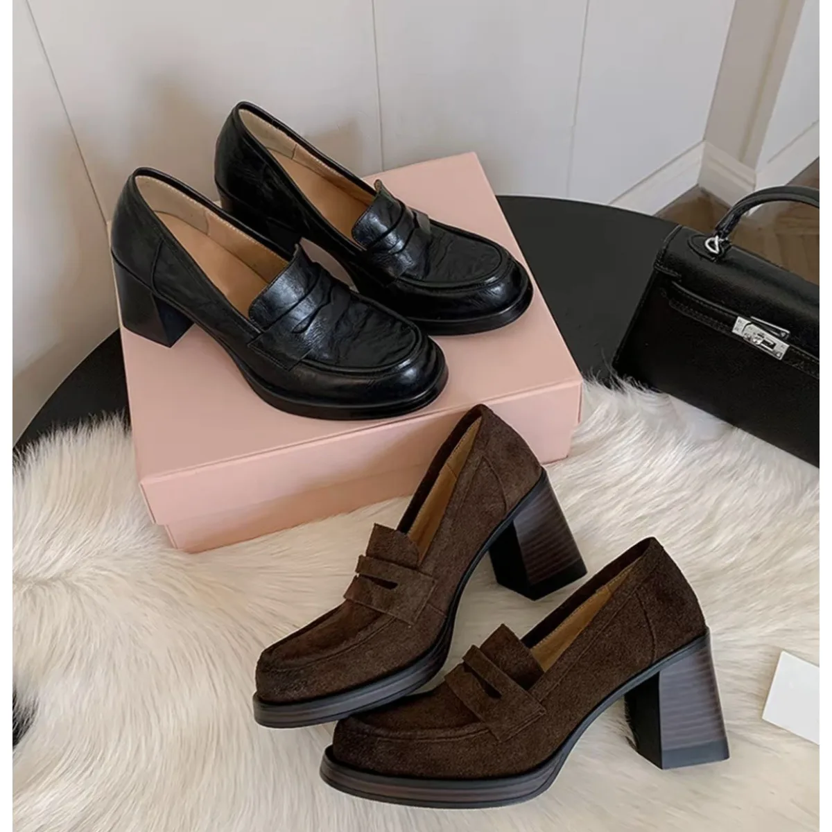 

Vintage College Style Loafers - No Heel Instability Thick-Heel Shoes, Shallow Slip-On Elegant, Comfort for Commuting & Daily