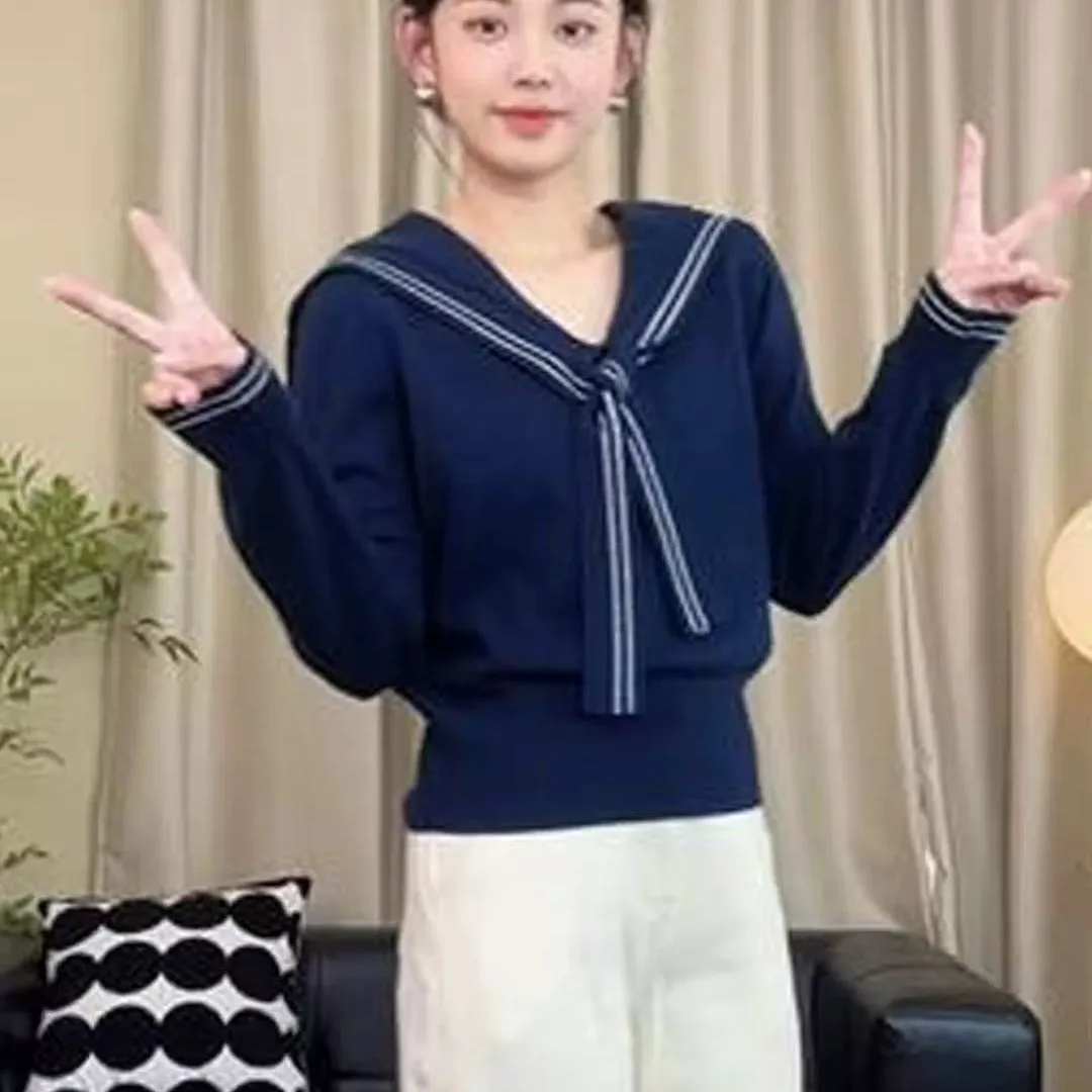 رمادي البحرية طوق مخطط متماسكة البلوز سترة قصيرة القمم عطر صغير عبرت القوس جديد الخريف المرأة ملابس داخلية غير رسمية Y2K