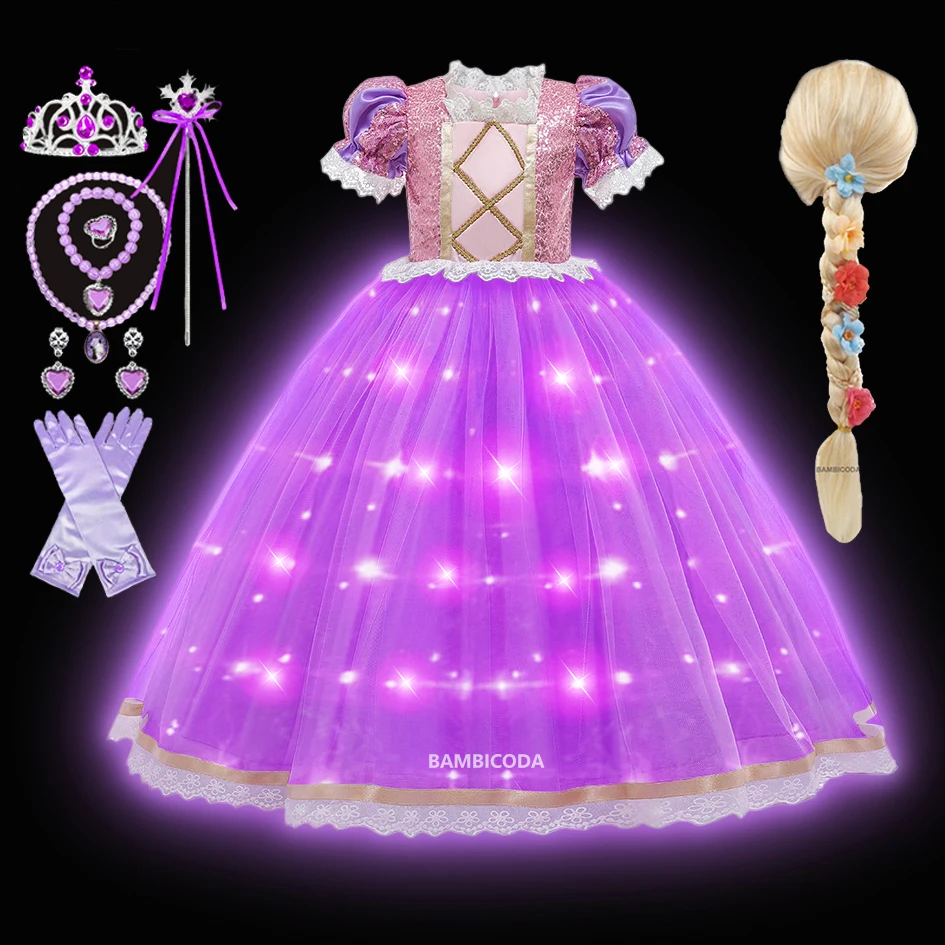 

Girl Rapunzel Dress for Kid LED Light Up Halloween Princess Cosplay Costume Birthday Party Gift Purple Sequins Mesh Clothing