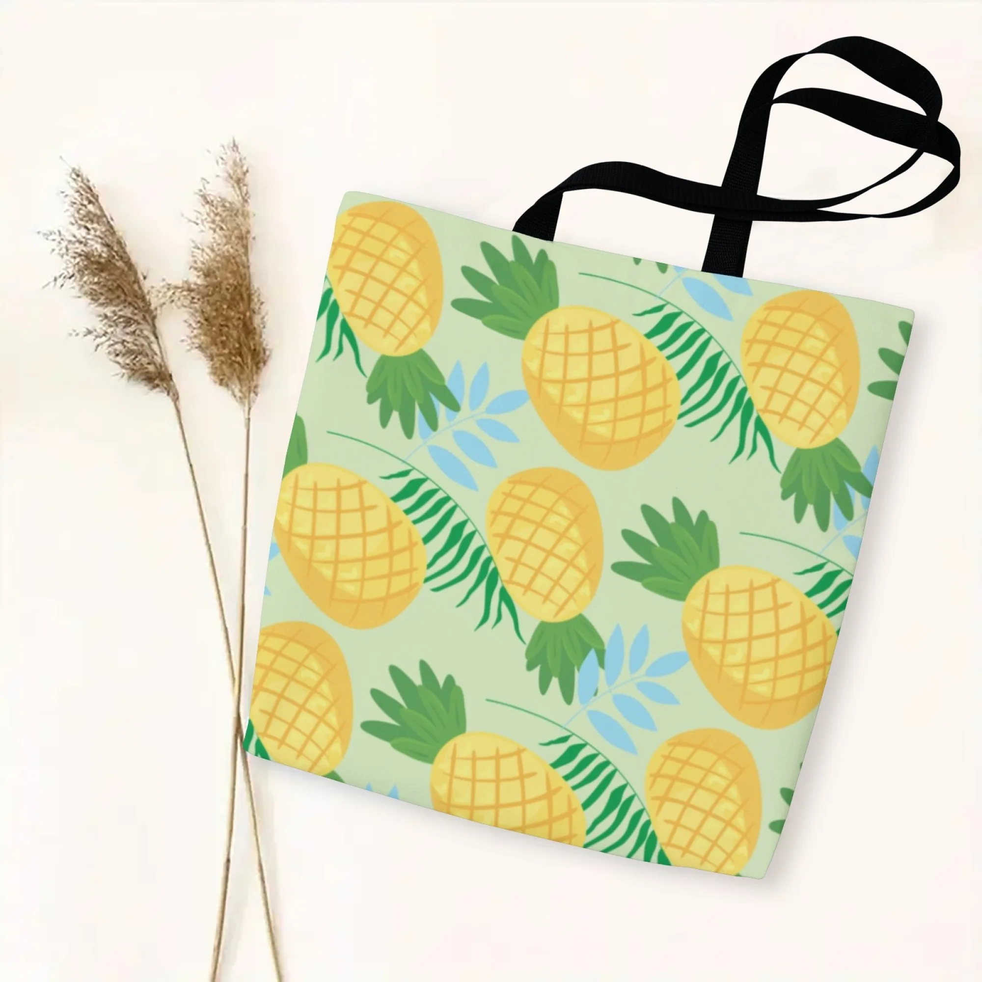 Korean Tropical Trend Canvas Tote Women Bag Light Green Pineapple Print Fashion Reusable Handbag Perfect for Daily Commute