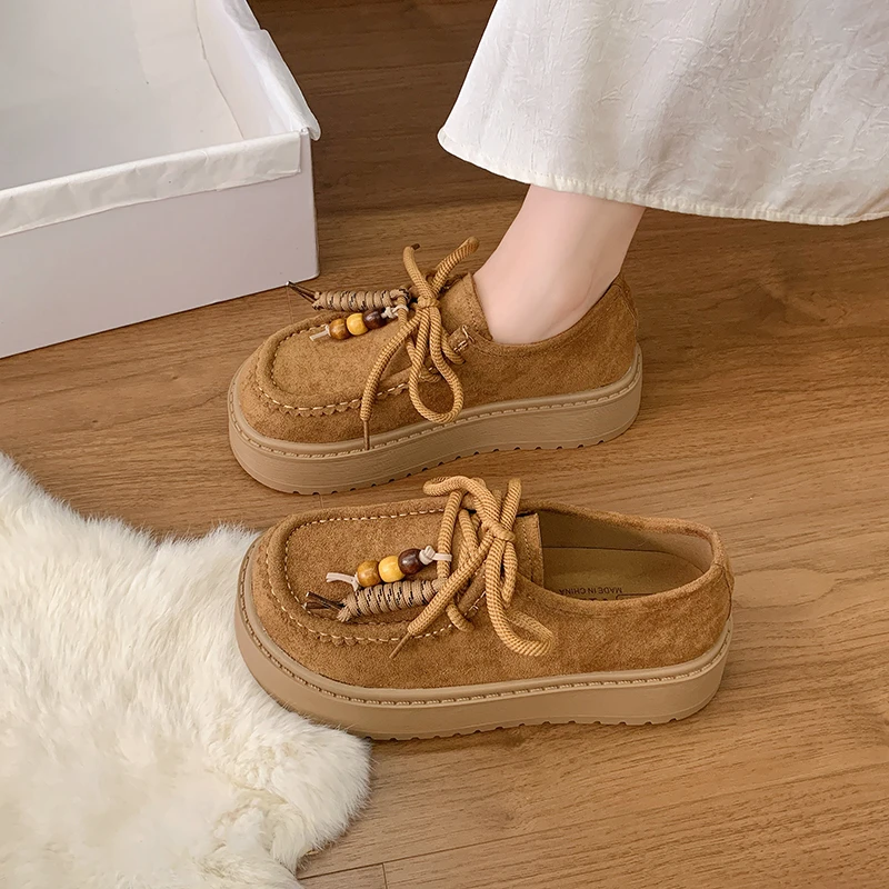 

Fashionable Matte Knot Tassel Women's Single Shoes Thick Bottom Slip-On Loafers Casual round Toe High Heel Rubber Outsole